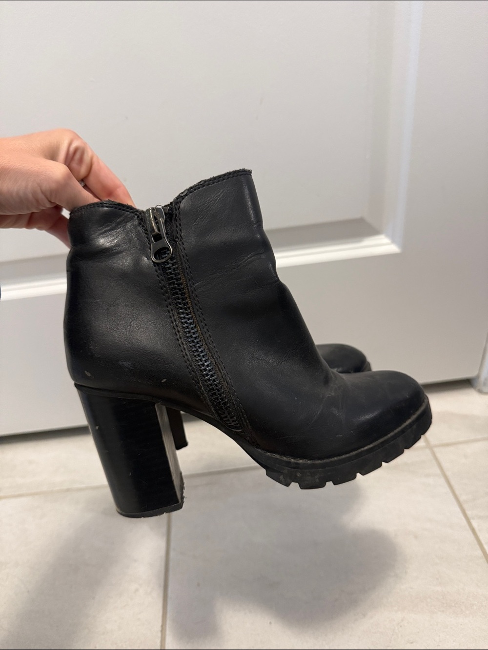 Diba Black Leather Zip Lug Sole Ankle Boots